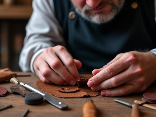Artigiano fiorentino al lavoro su un manufatto in pelle, con attrezzi tradizionali