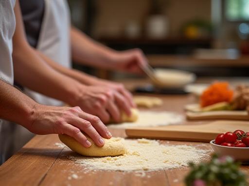 Ospiti che partecipano a un corso di cucina toscana, imparando a stendere la pasta