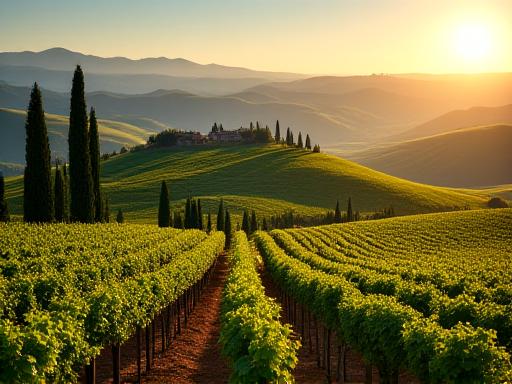 Paesaggio collinare del Chianti con rigogliosi vigneti sotto il sole toscano