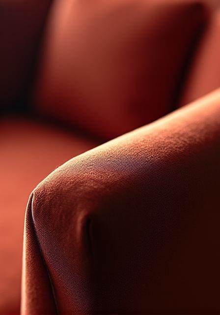 Dettaglio di un arredo di design in una suite, con tessuti preziosi e luce soffusa