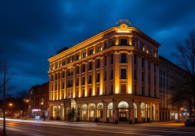 Facciata esterna del Tundra Ospite illuminata di notte, con architettura suggestiva