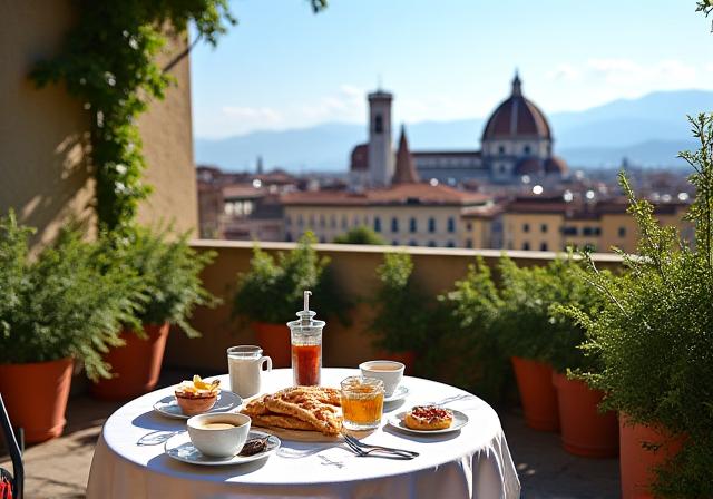 Terrazza con vista mozzafiato per la colazione, tavoli apparecchiati e skyline di Firenze