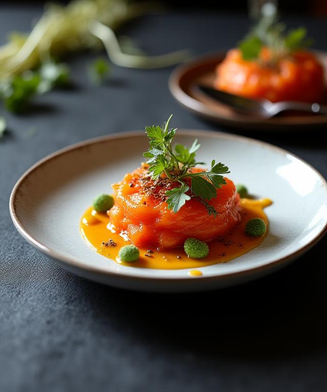 Piatto gourmet servito al ristorante del Tundra Ospite, un'opera d'arte culinaria